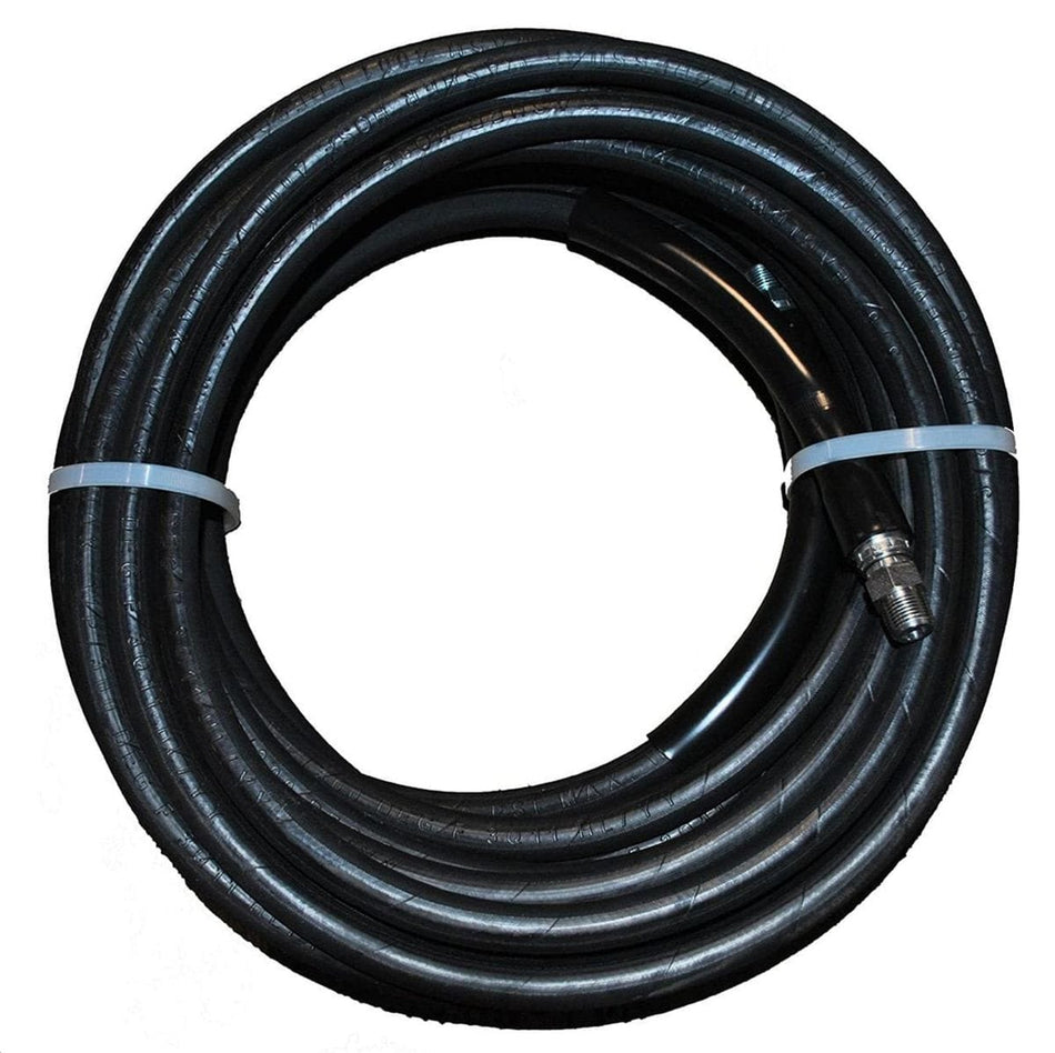 A studio product shot of the Eaglewash 3/8-inch by 50-foot black pressure washer hose, shown coiled and secured with plastic ties, featuring heavy-duty black bend restrictors and steel fittings at both ends for industrial high-pressure cleaning.