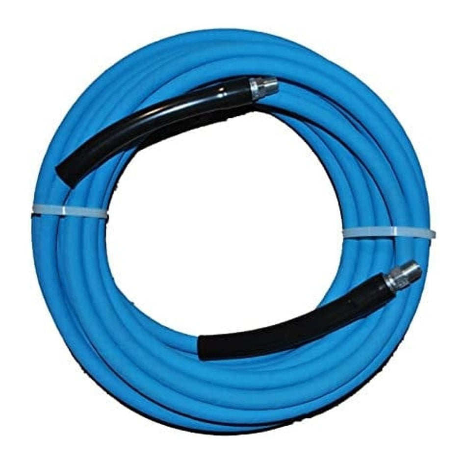 A studio product shot of the Eaglewash 3/8-inch by 50-foot blue non-marking pressure washer hose, shown coiled and secured with plastic ties, featuring black bend restrictors and steel fittings at both ends for industrial high-pressure cleaning applications.