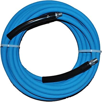 A studio product shot of the Eaglewash 3/8-inch by 50-foot blue non-marking pressure washer hose, shown coiled and secured with plastic ties, featuring black bend restrictors and steel fittings at both ends for industrial high-pressure cleaning applications.