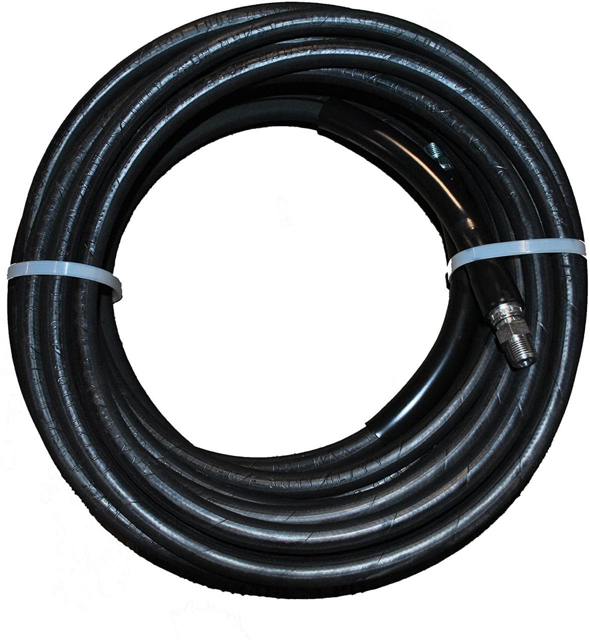 A studio product shot of a 50-foot coil of black Eaglewash 4001 pressure washer hose, featuring high-tensile steel wire reinforcement, black protective bend restrictors, and industrial-grade steel fittings at the ends.