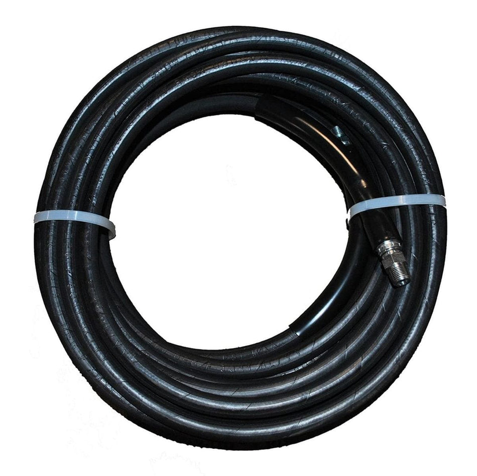 A studio product shot of a 50-foot coil of black Eaglewash 4001 pressure washer hose, featuring high-tensile steel wire reinforcement, black protective bend restrictors, and industrial-grade steel fittings at the ends.