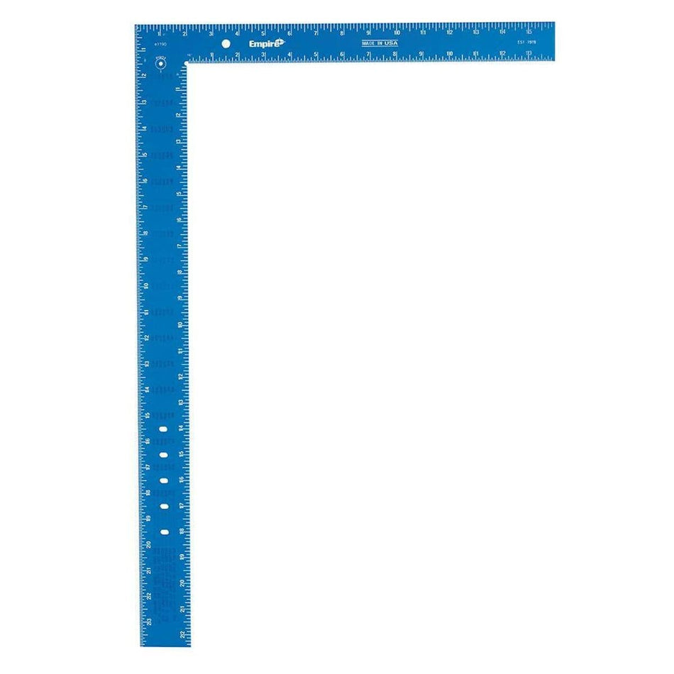 A direct front studio product shot of the bright blue anodized aluminum Empire E1190 framing square against a clean white background, clearly displaying the white laser-etched imperial measurement graduations along both the 16-inch tongue and the 24-inch body.