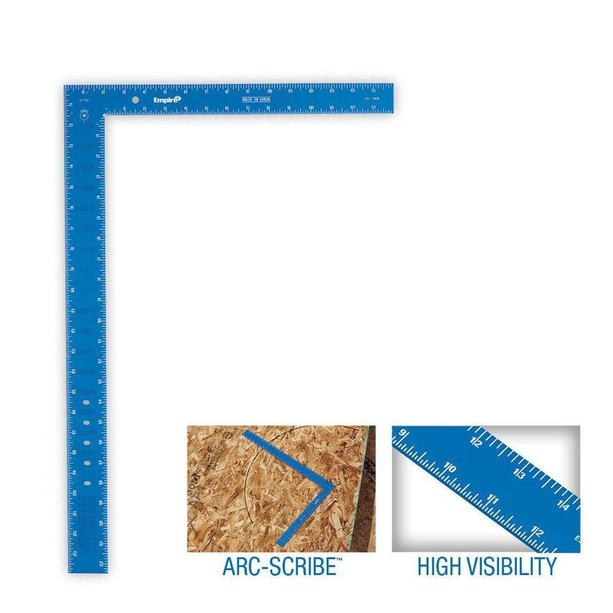 An informational marketing product layout showcasing the blue layout square with two detailed inset boxes at the bottom; the left inset shows the ARC-SCRIBE function tracing a pencil radius on an OSB board, and the right inset highlights a close-up magnification of the high-visibility white fractional scale markings.