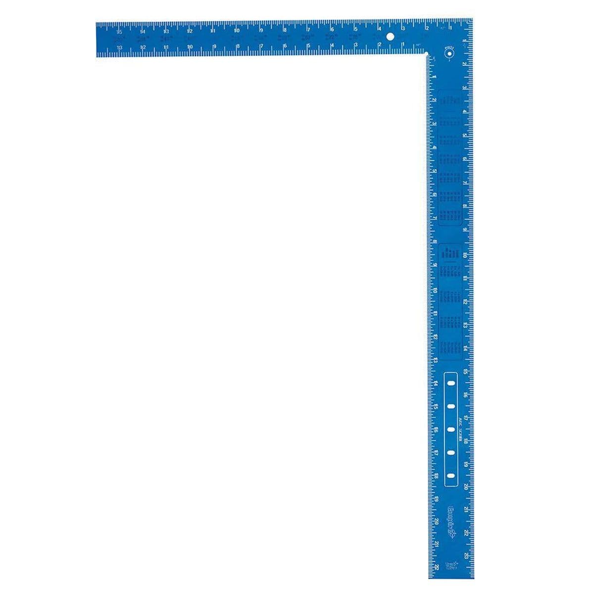 A direct front studio product shot of the reverse side of the blue Empire E1190 aluminum framing square, displaying stamped conversion charts, rafter tables, and the specialized ARC-SCRIBE slot configuration along the inner arm.