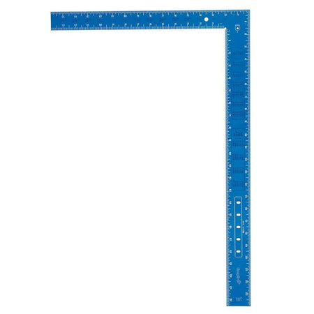 A direct front studio product shot of the reverse side of the blue Empire E1190 aluminum framing square, displaying stamped conversion charts, rafter tables, and the specialized ARC-SCRIBE slot configuration along the inner arm.