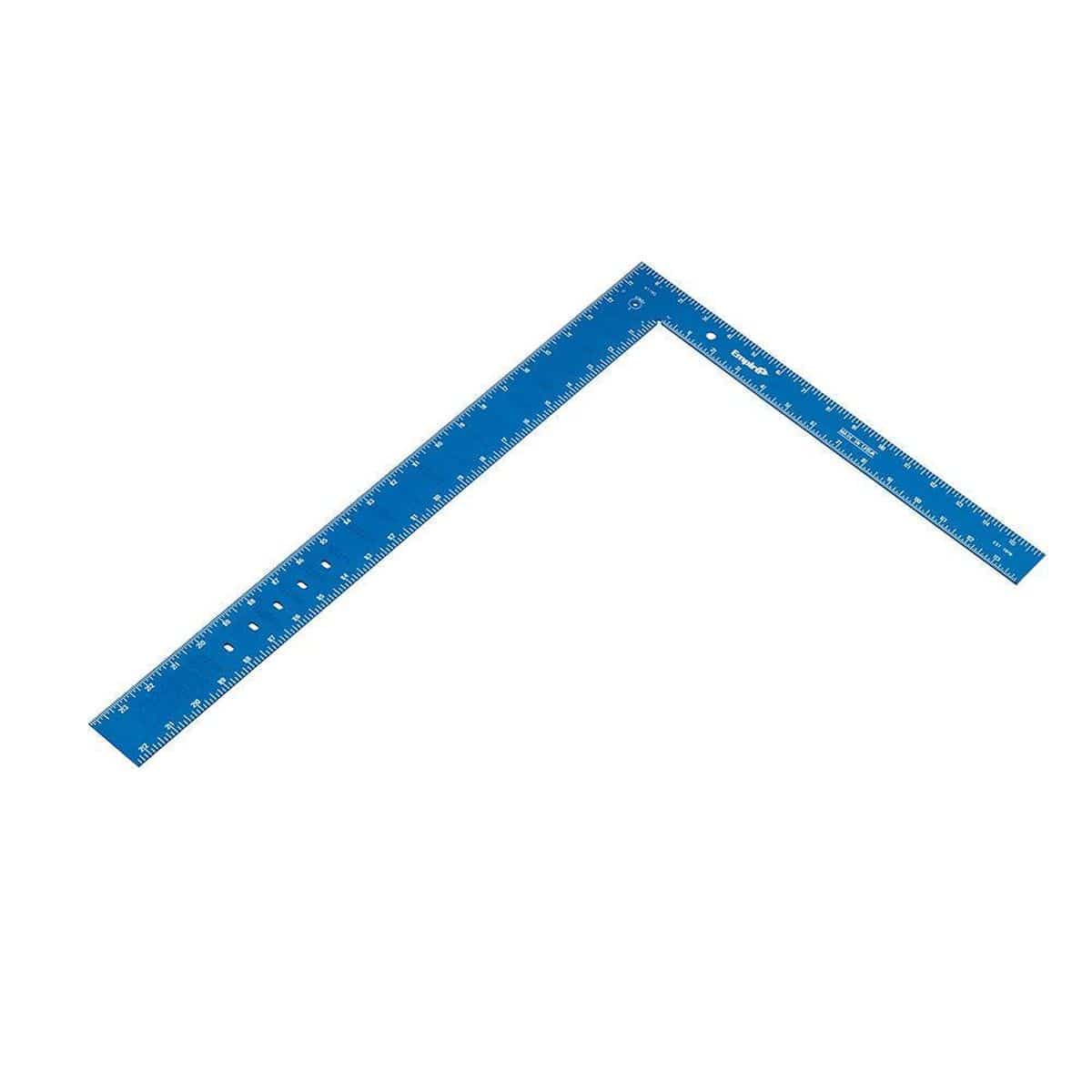A studio product shot from a high-angle perspective showing the blue anodized aluminum carpentry square laying flat on a white surface, emphasizing its slim, lightweight structural profile and straight layout edges.