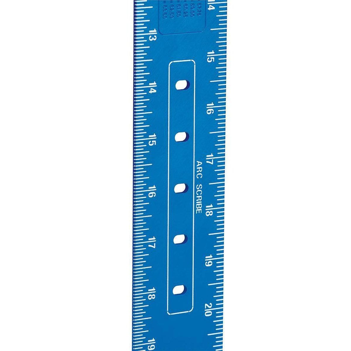 A vertical close-up detail shot focusing on the integrated ARC-SCRIBE channel slot path laser-etched onto the blue aluminum body arm, highlighting the clean alignment pinholes spaced at incremental fractional points.
