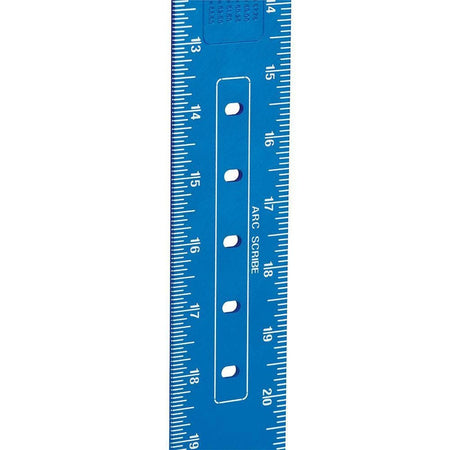 A vertical close-up detail shot focusing on the integrated ARC-SCRIBE channel slot path laser-etched onto the blue aluminum body arm, highlighting the clean alignment pinholes spaced at incremental fractional points.