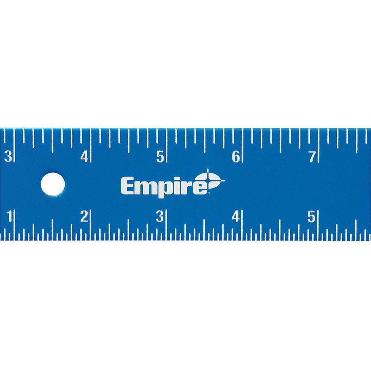 A horizontal close-up detail shot of the blue aluminum layout square centering on the white laser-etched Empire brand name logo, bordered by sharp fractional scale lines along the upper and lower borders.