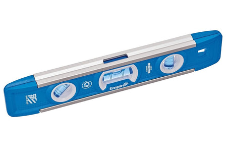 Angled studio view of the Empire 9-inch torpedo level, featuring a heavy-duty blue and silver extruded aluminum frame with three True Blue vials.