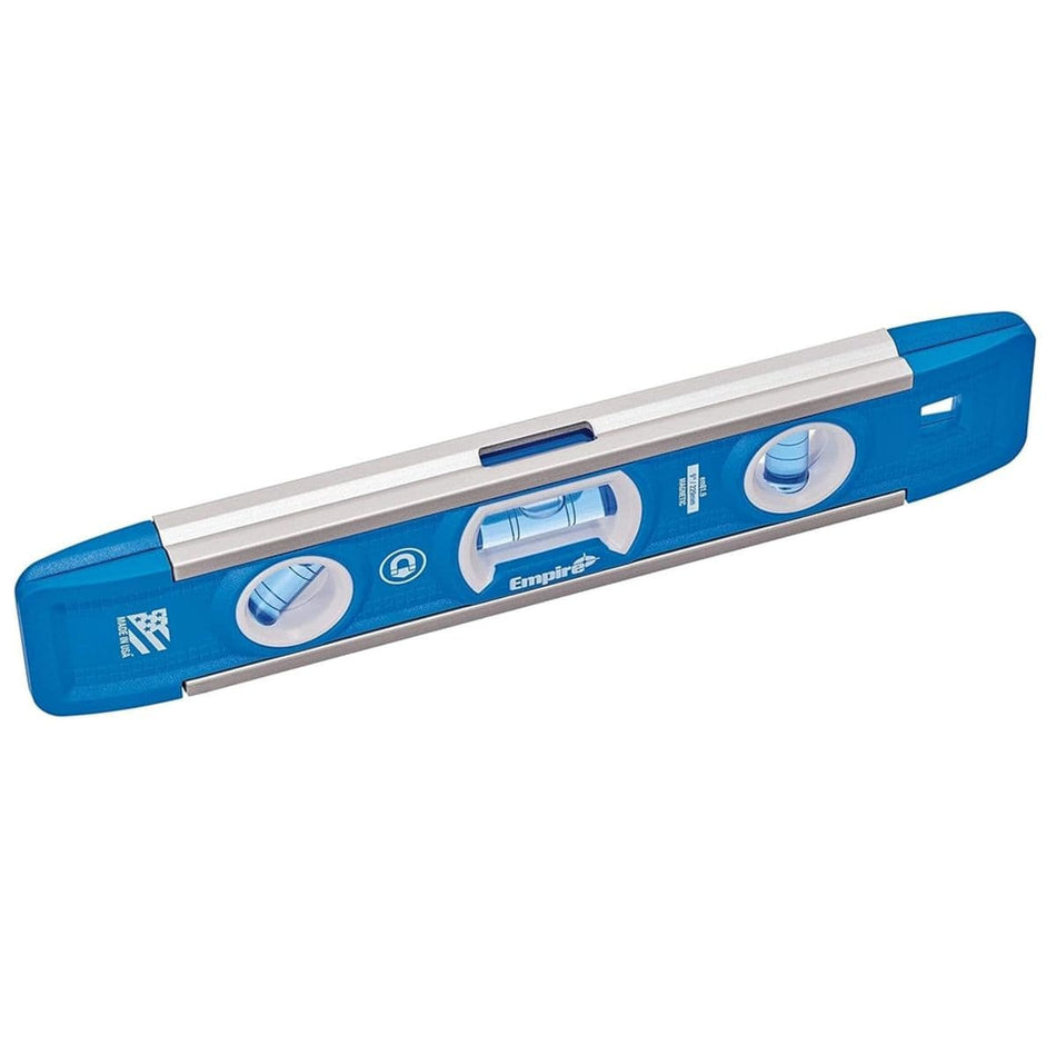 Angled studio view of the Empire 9-inch torpedo level, featuring a heavy-duty blue and silver extruded aluminum frame with three True Blue vials.