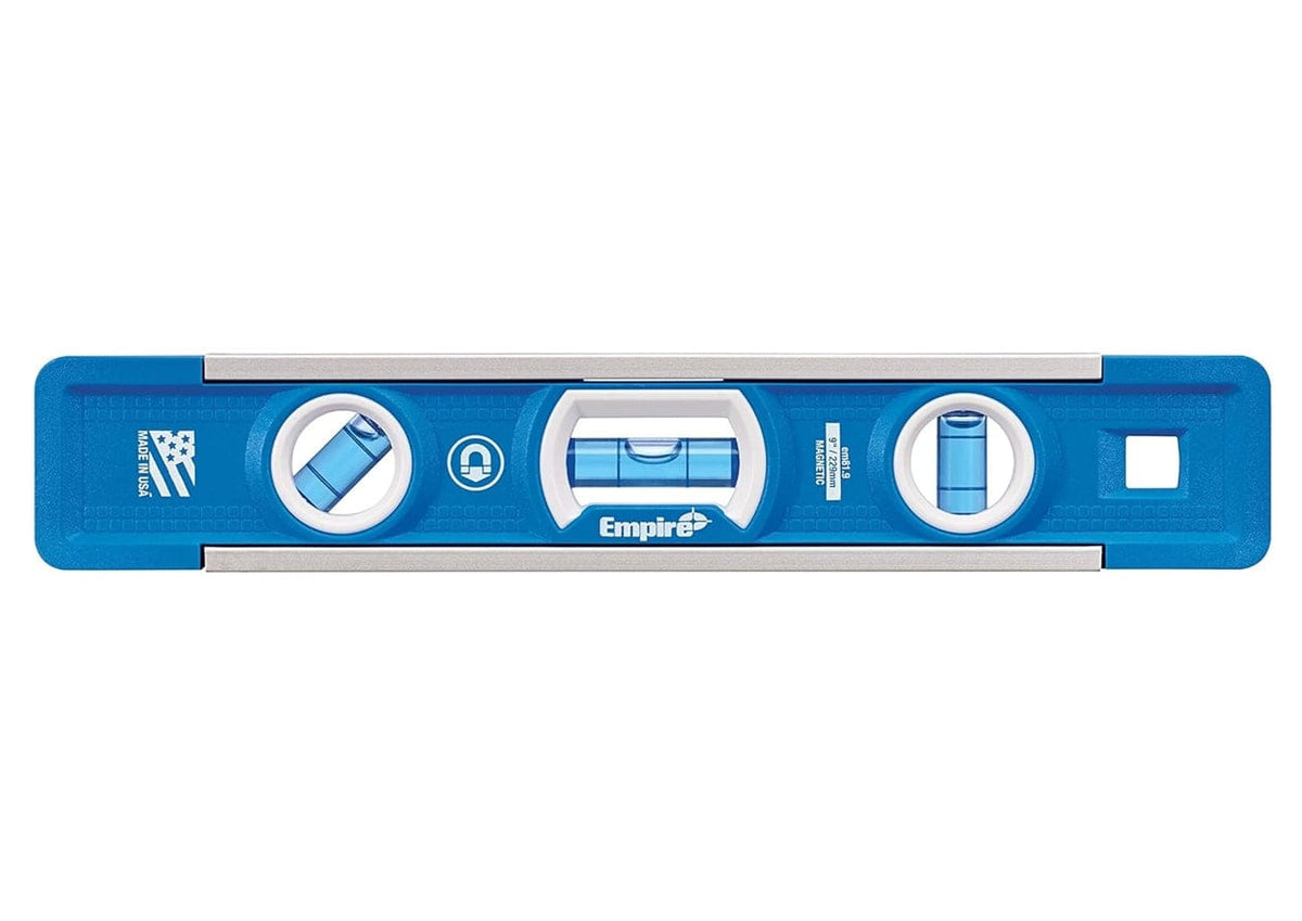 Front view of the magnetic torpedo level showcasing the central level vial, plumb and 45-degree vials, the Made in USA logo, and the square hang hole.