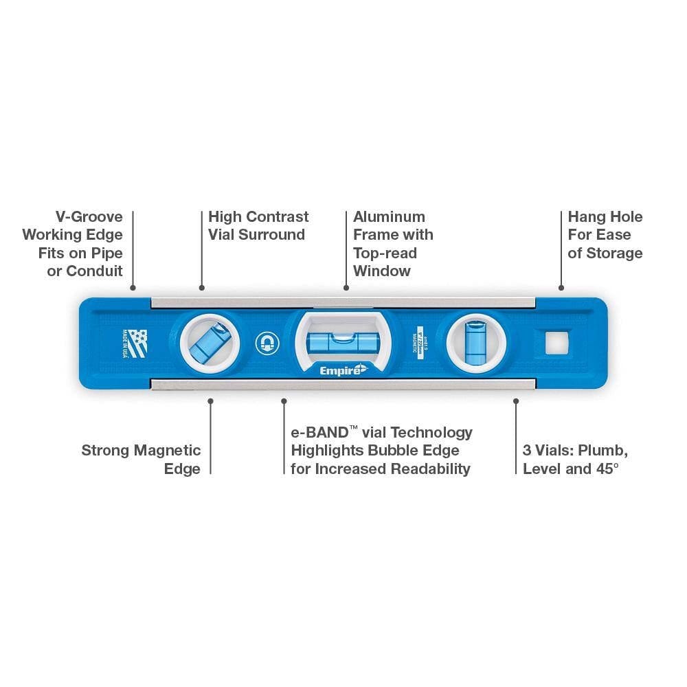 Infographic of the level identifying features such as the V-groove working edge, e-BAND vial technology, strong magnetic edge, and aluminum frame.