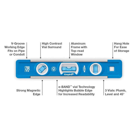 Infographic of the level identifying features such as the V-groove working edge, e-BAND vial technology, strong magnetic edge, and aluminum frame.