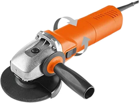 FEIN Angle Grinder WSG11-125R corded tool with arrows indicating the rotation capability of the all-metal gearhead and side handle for ergonomic use.