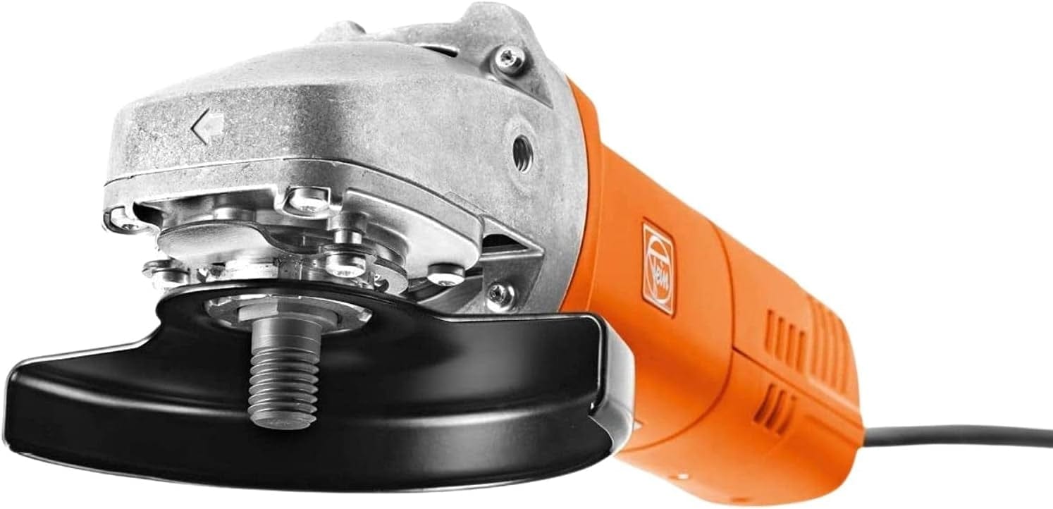 Close-up of the head and gear housing of the orange and silver FEIN Angle Grinder, showing the spindle and safety guard attachment point.
