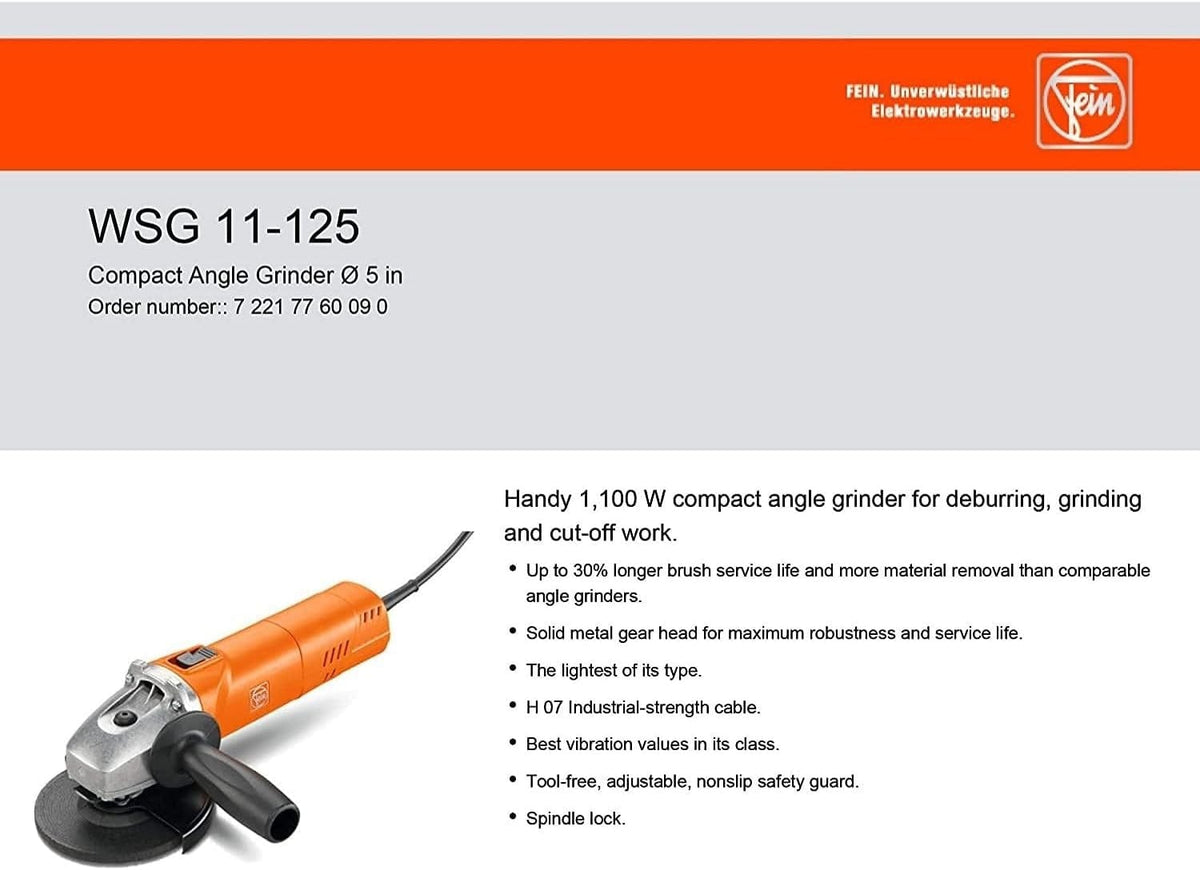 Promotional graphic showing the FEIN WSG 11-125 compact angle grinder with key features listed, including 1,100W motor, solid metal gear head, and low vibration.