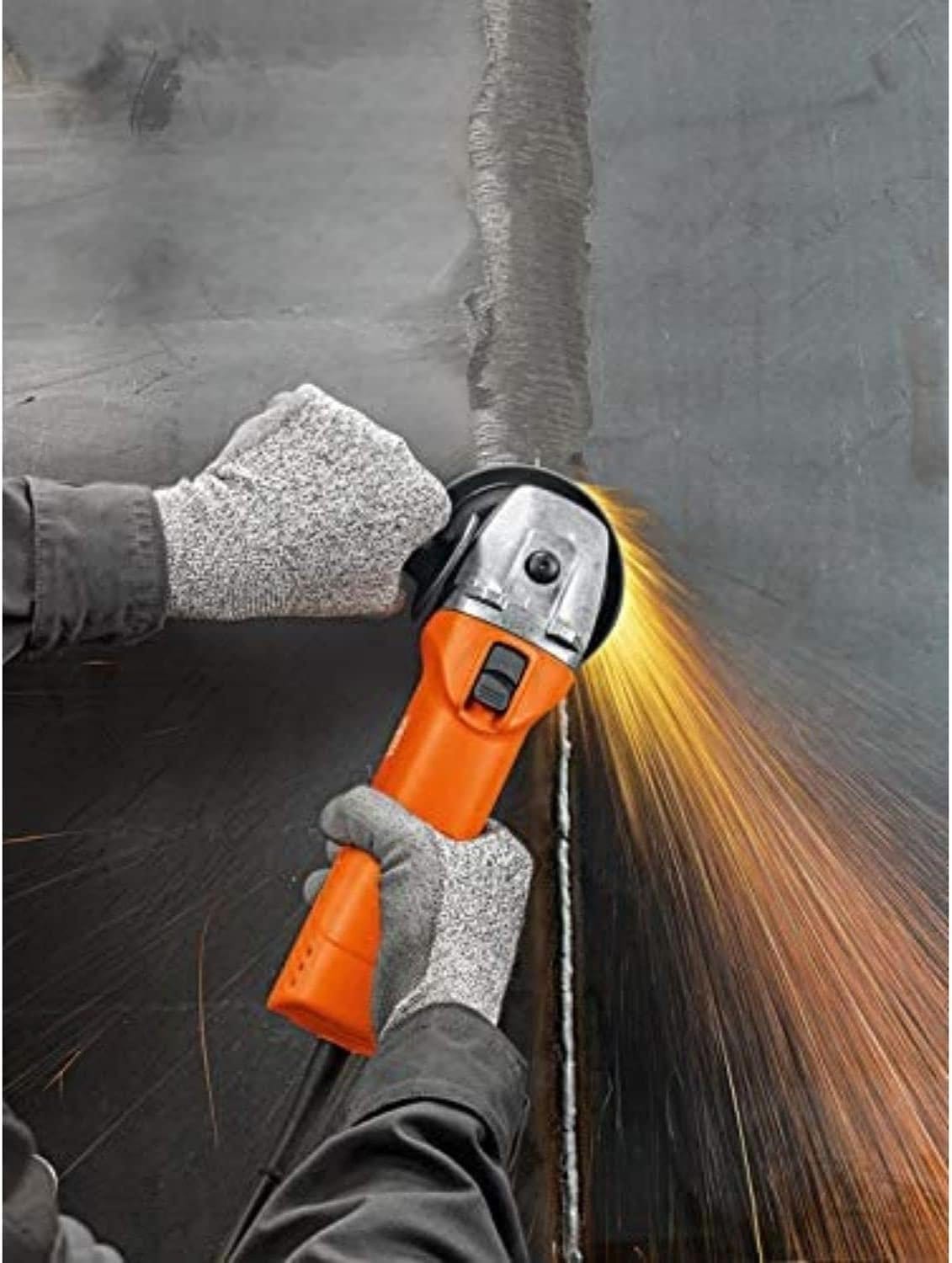 Close-up of the orange and silver FEIN Angle Grinder being used by a person wearing protective gloves to grind a metal surface, creating a stream of orange sparks.
