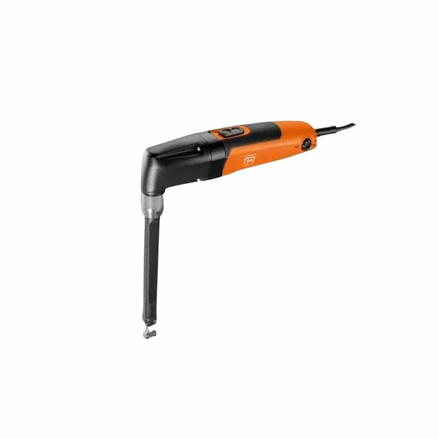 A full product view of the orange and black FEIN compact nibbler, showing the corded body and the angled cutting head with punch and die.