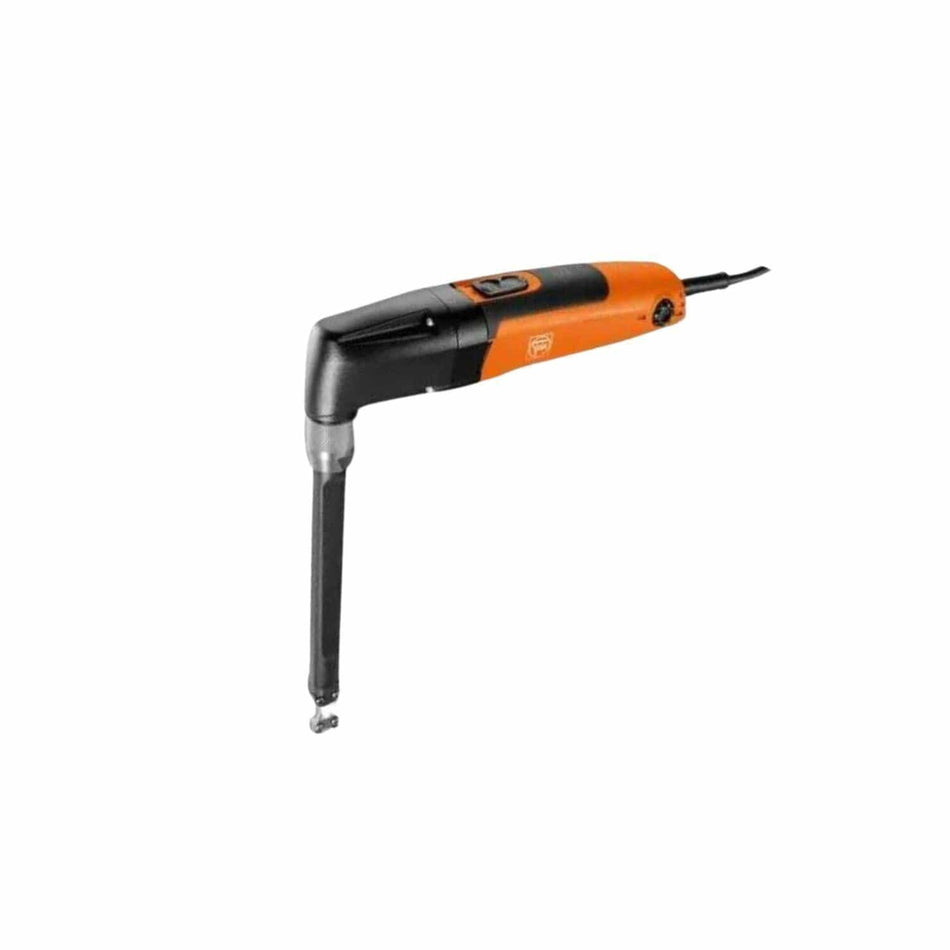 A full product view of the orange and black FEIN compact nibbler, showing the corded body and the angled cutting head with punch and die.