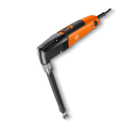 FEIN 22-gauge trapezoidal sheet metal nibbler for roofing and facade construction, displaying the 350W power body equipped with an extended long cutting head attachment