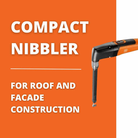 The FEIN nibbler shown on an orange background, highlighting its compact size for roof and facade construction.