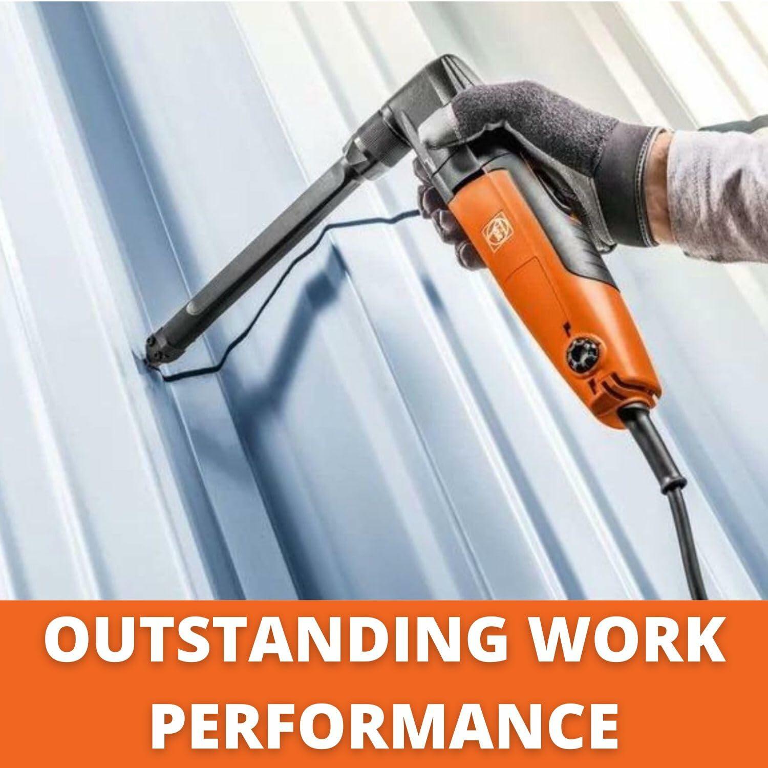 A worker wearing a glove using the FEIN nibbler to cut corrugated or trapezoidal sheet metal on a roof or facade, with text emphasizing outstanding work performance.