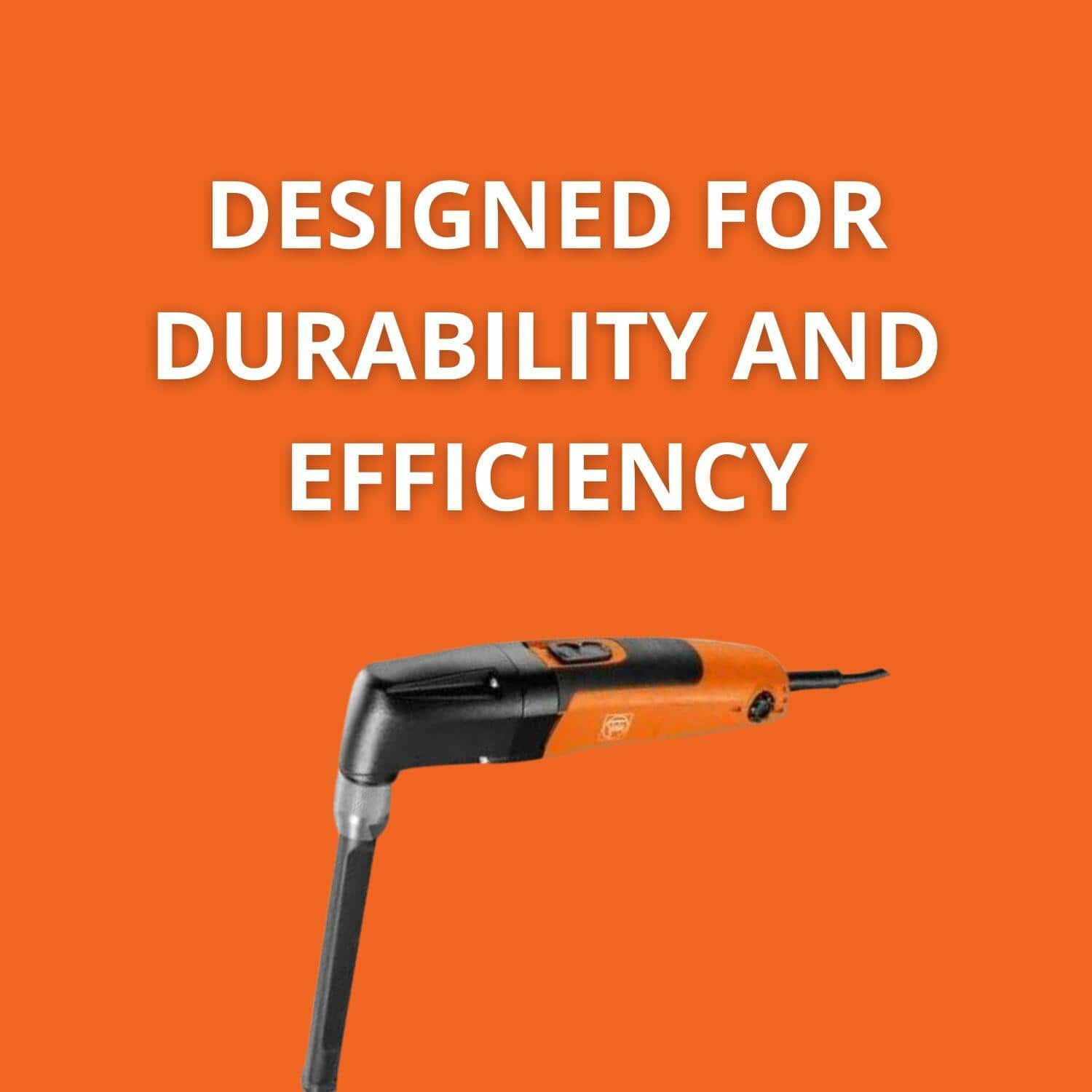 The orange and black FEIN nibbler shown on a solid orange background with text emphasizing its durability and efficiency.