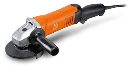 FEIN Angle Grinder WSG11-125R 5-inch corded tool with orange body, silver metal gearhead, black side handle, and a black grinding disc.