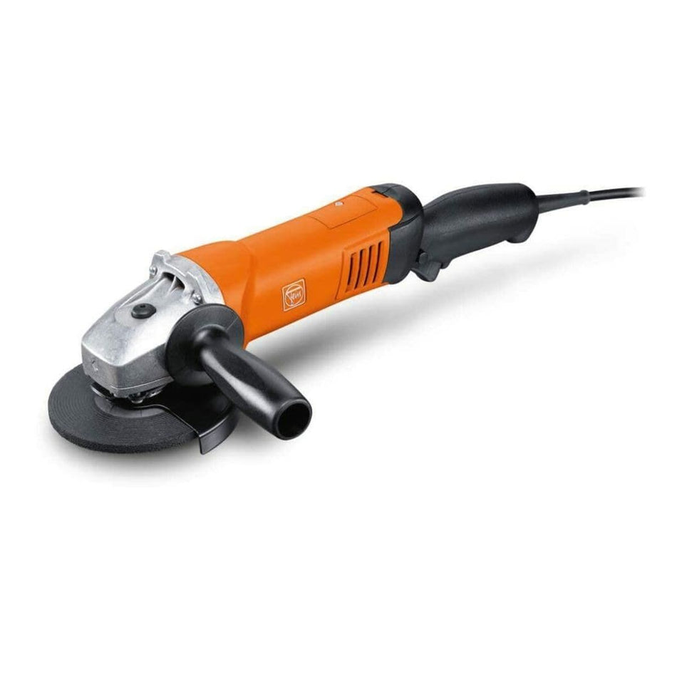 FEIN Angle Grinder WSG11-125R 5-inch corded tool with orange body, silver metal gearhead, black side handle, and a black grinding disc.