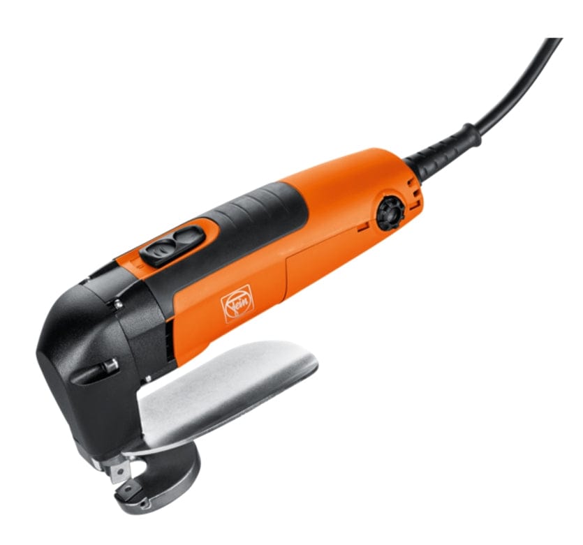 Ergonomic side view of the FEIN BLS 1.6 E sheet metal shear, featuring an orange and black body, trigger, and the cutting head with indexible blades and a wide footplate.