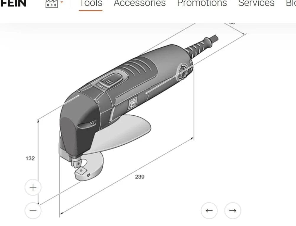 Dimensional diagram of the FEIN BLS 1.6 E sheet metal shear, showing the tool's overall length (239 units) and height (132 units), illustrating its compact size.