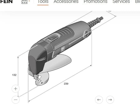 Dimensional diagram of the FEIN BLS 1.6 E sheet metal shear, showing the tool's overall length (239 units) and height (132 units), illustrating its compact size.