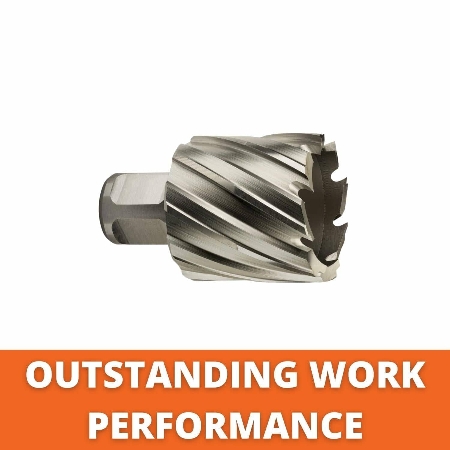 A close-up image of the HSS annular cutter on a white background, with text highlighting its outstanding work performance.