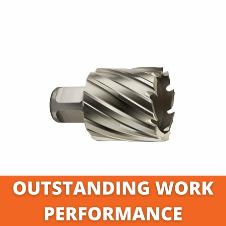A close-up image of the HSS annular cutter on a white background, with text highlighting its outstanding work performance.