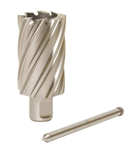 The image displays a Fein Slugger annular cutter, a cylindrical metallic tool with a serrated opening on top and a spiraled body. Beside it, there's a smaller, slender metallic rod with a pointed tip, which serves as a pilot pin for the cutter.