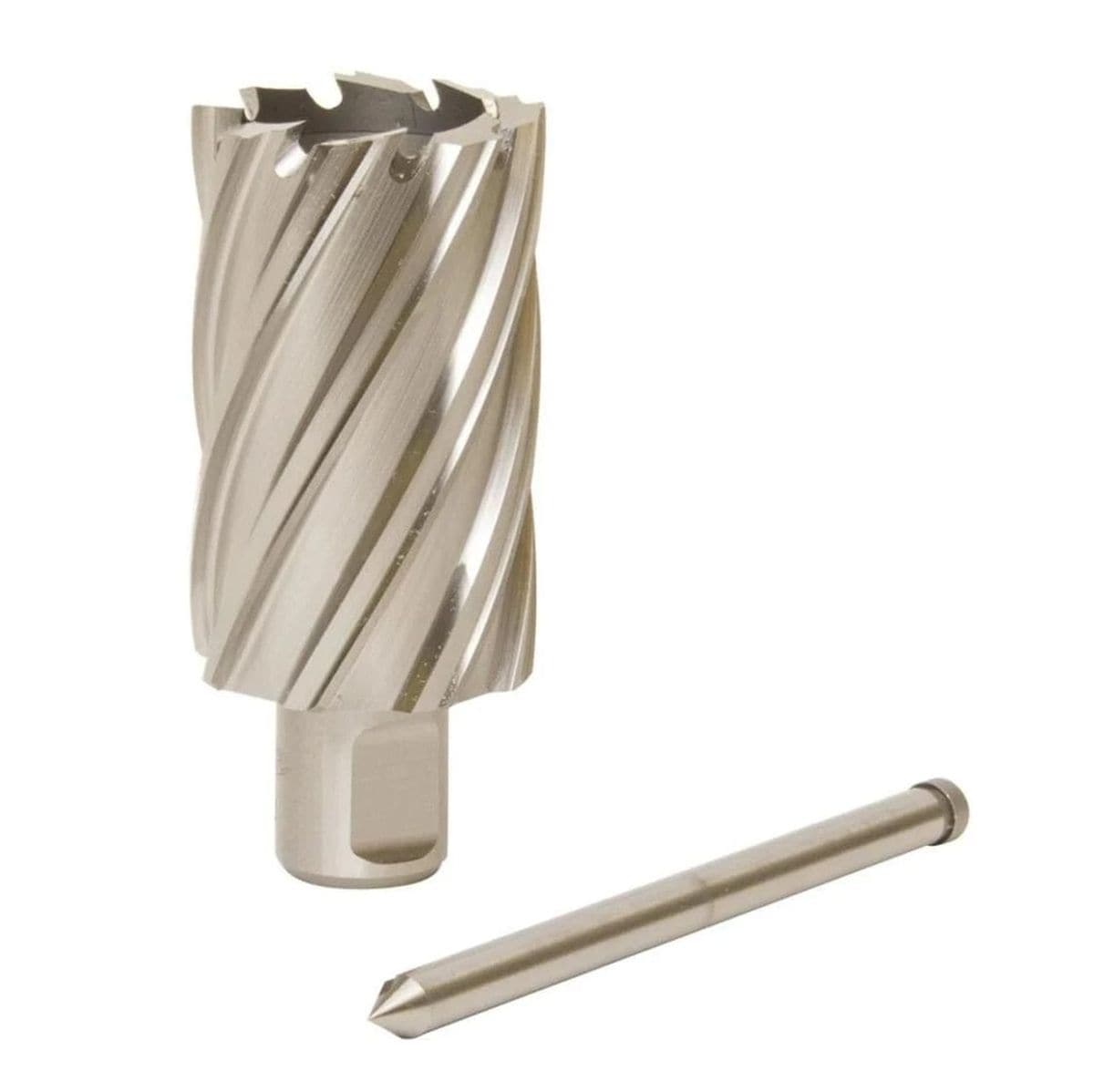 The image displays a Fein Slugger annular cutter, a cylindrical metallic tool with a serrated opening on top and a spiraled body. Beside it, there's a smaller, slender metallic rod with a pointed tip, which serves as a pilot pin for the cutter.