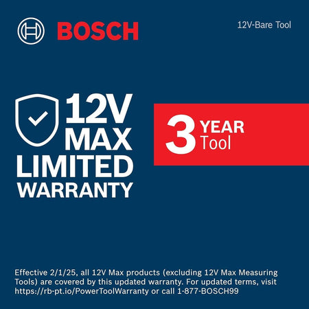 Informational graphic for the Bosch 12V Max limited warranty specifying a 3-year protection plan for the tool effective February 1, 2025.