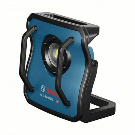 Bosch GLI18V-4000C cordless LED floodlight with rugged blue and black casing, metal protective bars, and adjustable black stand. Model number and Bosch logo printed on front. Designed for portable, high-lumen jobsite lighting with tripod mounting capability.