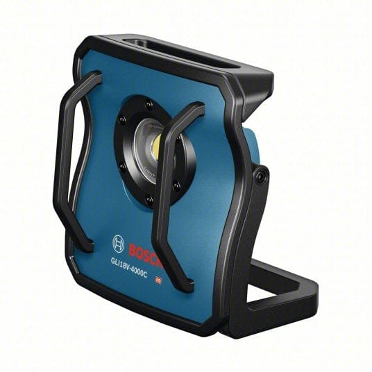 Bosch GLI18V-4000C cordless LED floodlight with rugged blue and black casing, metal protective bars, and adjustable black stand. Model number and Bosch logo printed on front. Designed for portable, high-lumen jobsite lighting with tripod mounting capability.