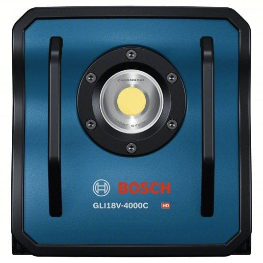 Front view of Bosch GLI18V-4000C HD cordless LED floodlight showing central LED labeled "CrisanChip" and "Heat Sink System." Blue and black casing with protective rails and printed model number. Highlights advanced cooling technology and high-durability design.