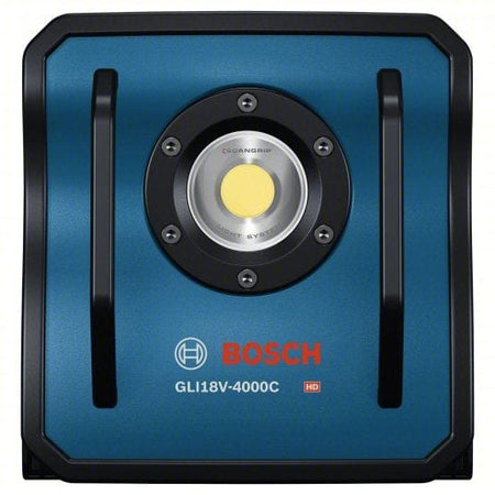 Front view of Bosch GLI18V-4000C HD cordless LED floodlight showing central LED labeled "CrisanChip" and "Heat Sink System." Blue and black casing with protective rails and printed model number. Highlights advanced cooling technology and high-durability design.