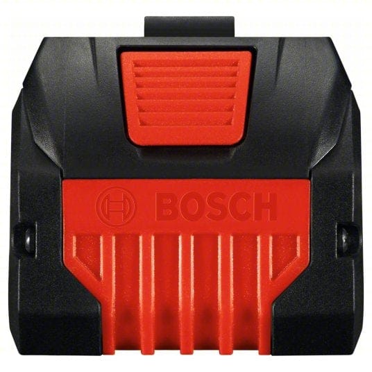 Bottom view of Bosch laser level showing battery compartment, mounting hole, and heat dissipation fins. Blue and black casing with icons for battery status and operational modes. Highlights setup and tripod compatibility for precision leveling tasks.