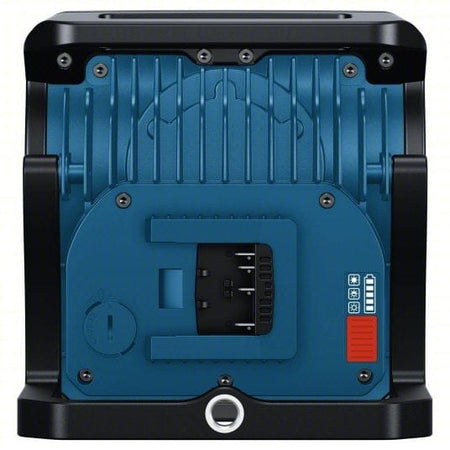 Close-up of Bosch-branded battery charger or power tool accessory with black casing and red ribbed top section. Bosch logo visible. Rugged design suitable for use with Bosch 18V cordless tools and floodlights. Highlights compatibility and industrial-grade construction.