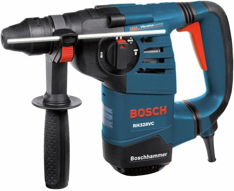 Side view of a Bosch RH328VC-RT SDS-Plus rotary hammer drill featuring a blue and black high-power 8 Amp motor housing, vibration control handle, and adjustable side handle with depth gauge for concrete drilling.