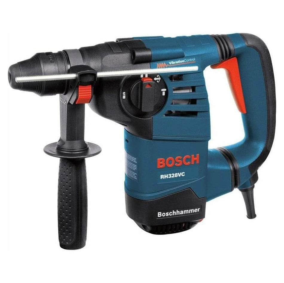 Side view of a Bosch RH328VC-RT SDS-Plus rotary hammer drill featuring a blue and black high-power 8 Amp motor housing, vibration control handle, and adjustable side handle with depth gauge for concrete drilling.