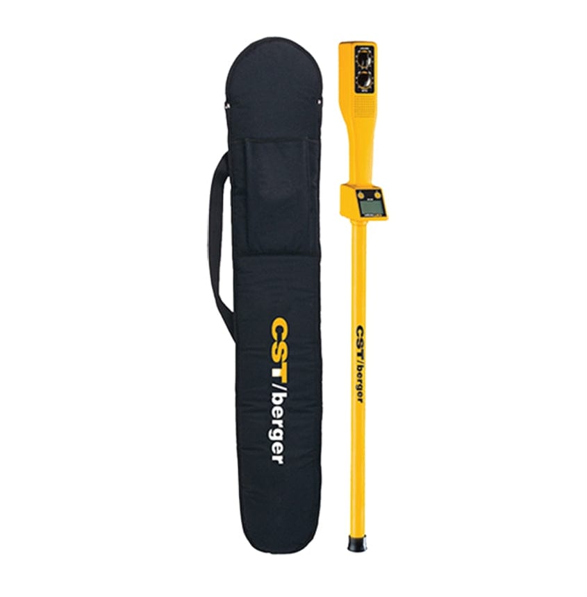CST Berger MT100 magnetic locator with long yellow shaft and digital control panel, displayed next to black branded soft carrying case for utility and surveying applications.