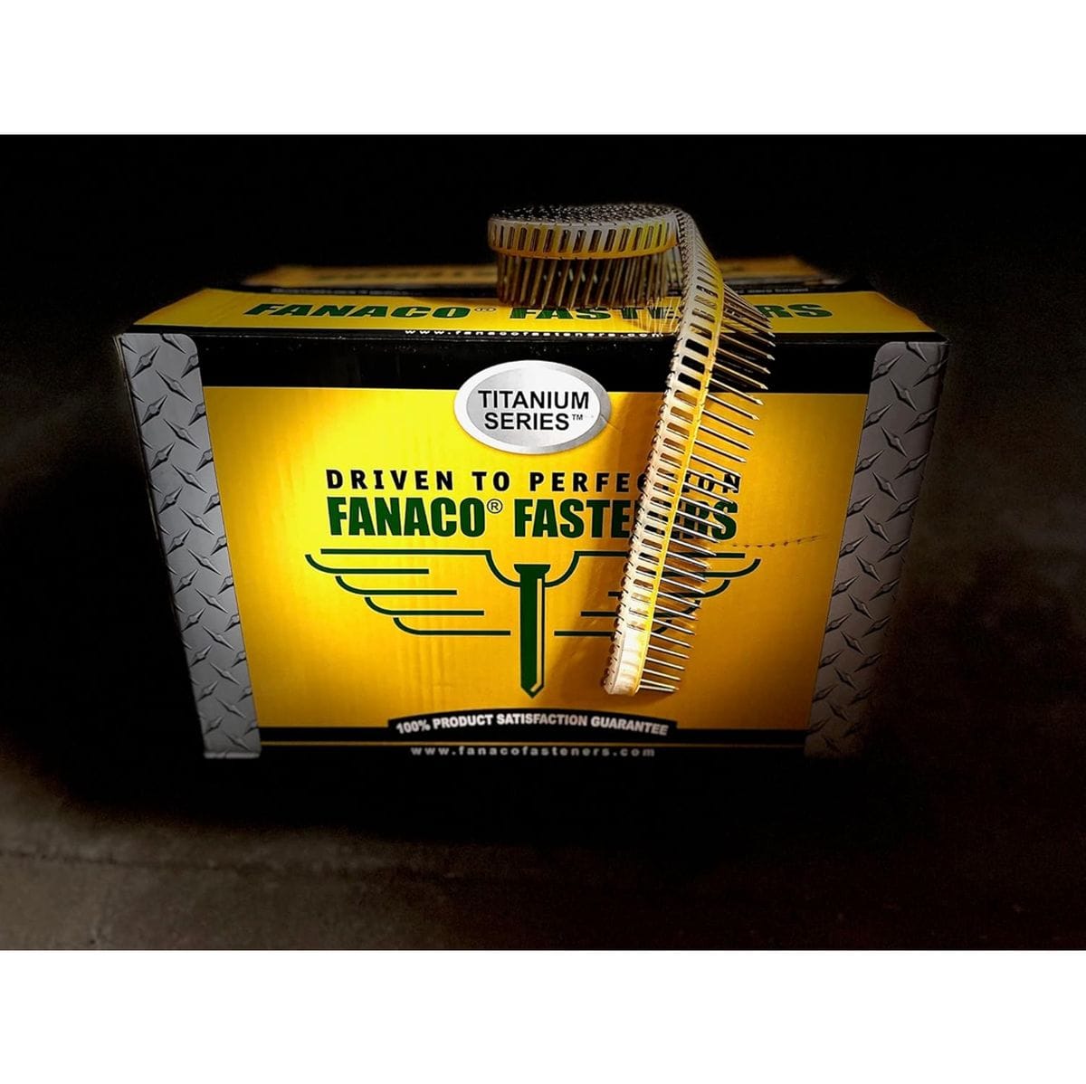 The image shows a yellow and black box of Fanaco Titanium Series collated nails. A curved strip of the silver nails, held together by a white plastic strip, is partially extending out of the box.The image shows a yellow and black box of Fanaco Titanium Series collated nails. A curved strip of the silver nails, held together by a white plastic strip, is partially extending out of the box.