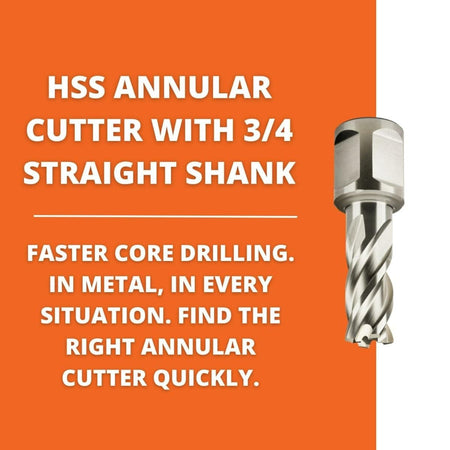 Image highlighting the features of the high-speed steel annular cutter with a 3/4 inch straight shank for faster core drilling in metal.