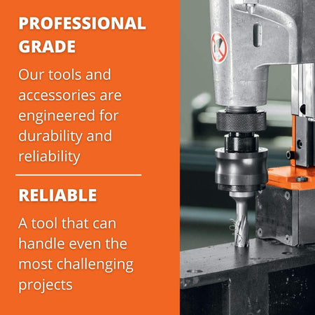 Image showing the cutter mounted in a magnetic drill press, with text emphasizing the professional grade durability and reliability for challenging projects.